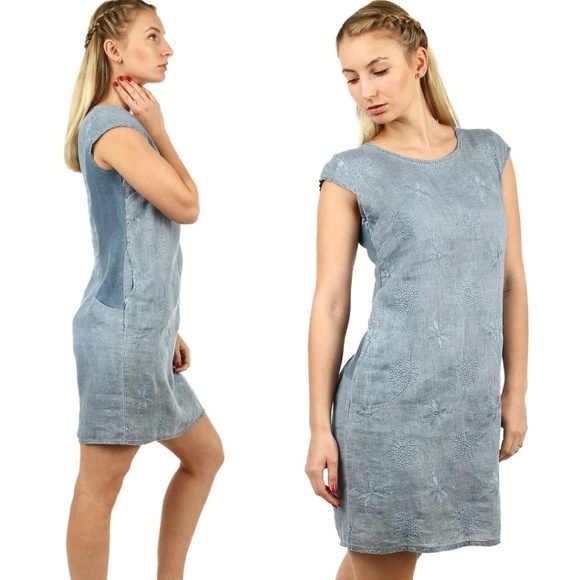 *Free With Purchase* Linen Midi Mini Dress Blue Pastel Short Sleeve Lightweight - Picture 1 of 10